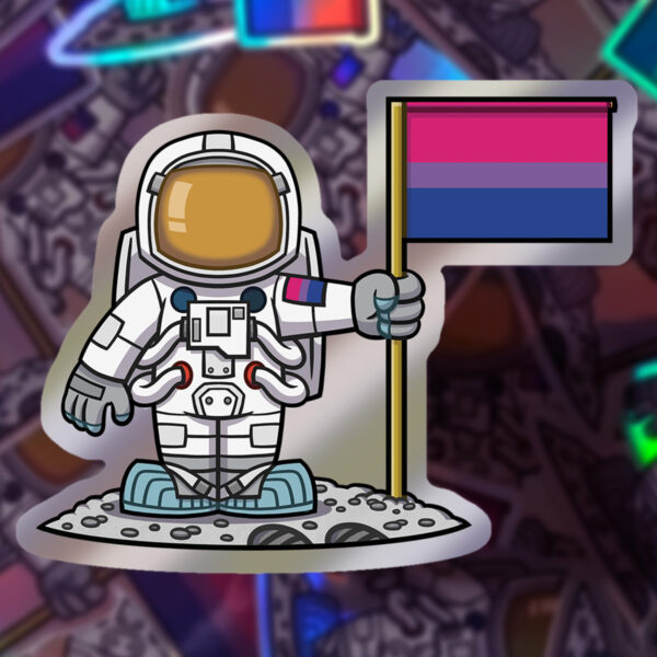 Rob Demers Art - LGBTQA+ Moon Landing Astronaut with Bisexual Pride Flag Holographic Stickers
