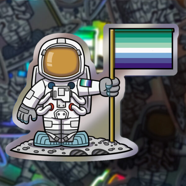 Rob Demers Art - LGBTQA+ Moon Landing Astronaut with Gay Men Pride Flag Holographic Stickers