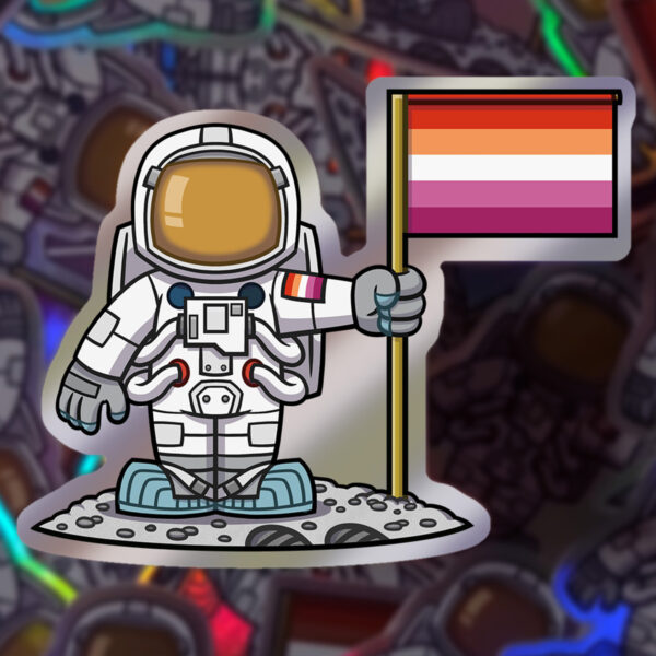 Rob Demers Art - LGBTQA+ Moon Landing Astronaut with Lesbian Pride Flag Holographic Stickers