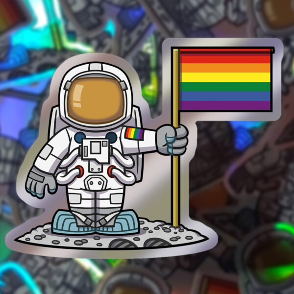 Rob Demers Art - LGBTQA+ Moon Landing Astronaut with Rainbow Pride Flag Holographic Stickers