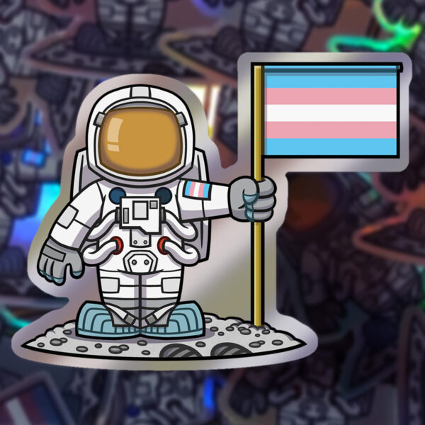 Rob Demers Art - LGBTQA+ Moon Landing Astronaut with Transgender Pride Flag Holographic Stickers